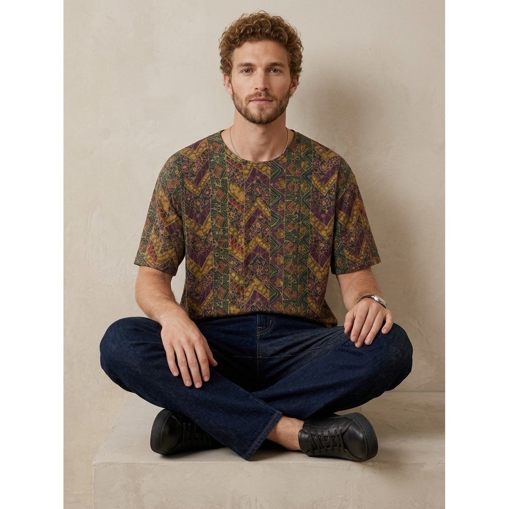 Vintage Hunt Club Mens M Geometric Floral Print Cotton Short Sleeve Shirt USA